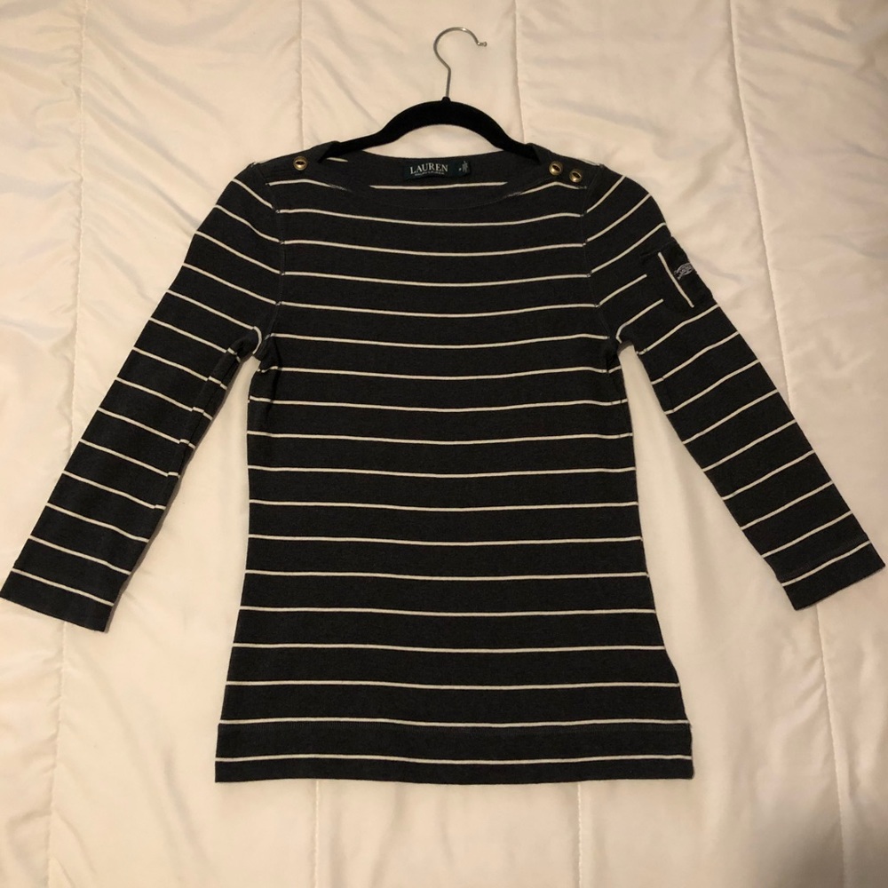 Ralph Lauren 3/4 Sleeve Grey White Striped Shirt M